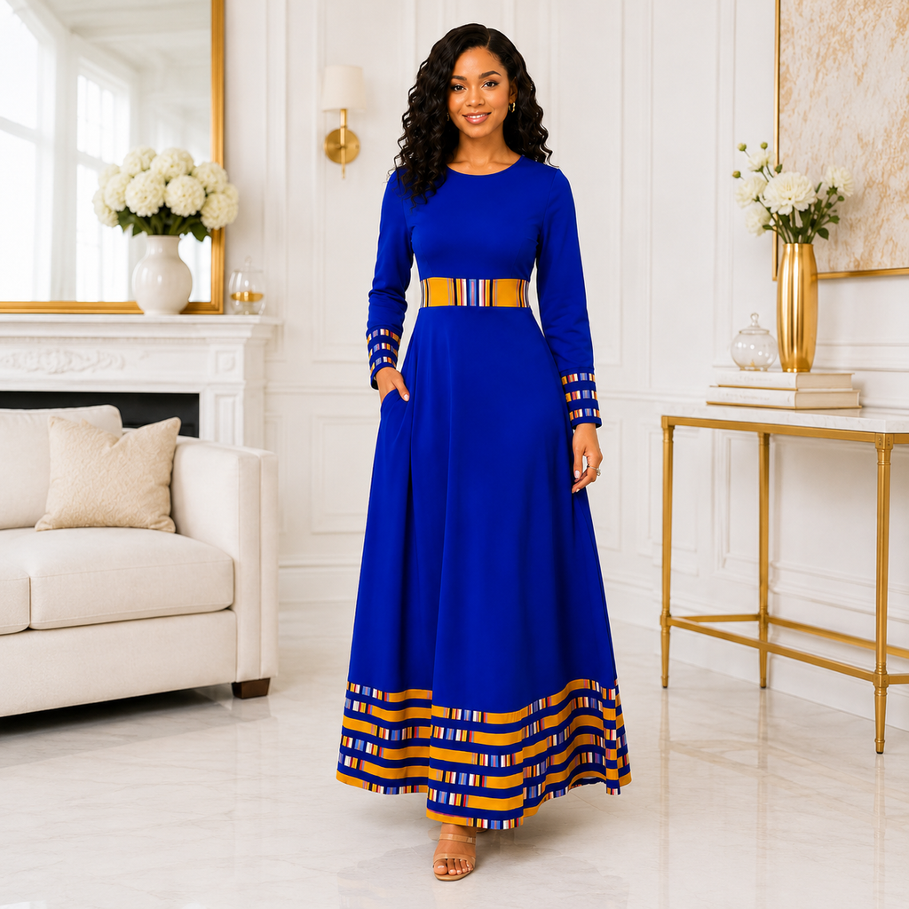 Duma Mbili Royal Blue Dashiki-Trim Maxi Dress