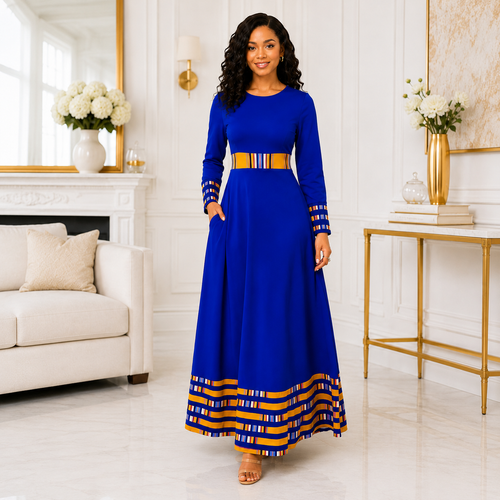 Duma Mbili Royal Blue Dashiki-Trim Maxi Dress
