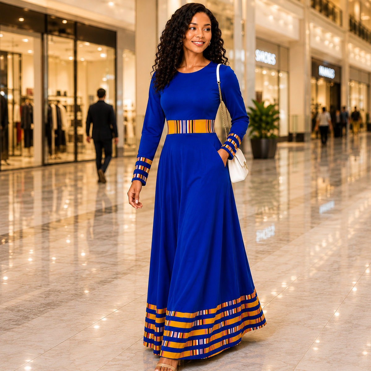 Duma Mbili Royal Blue Dashiki-Trim Maxi Dress