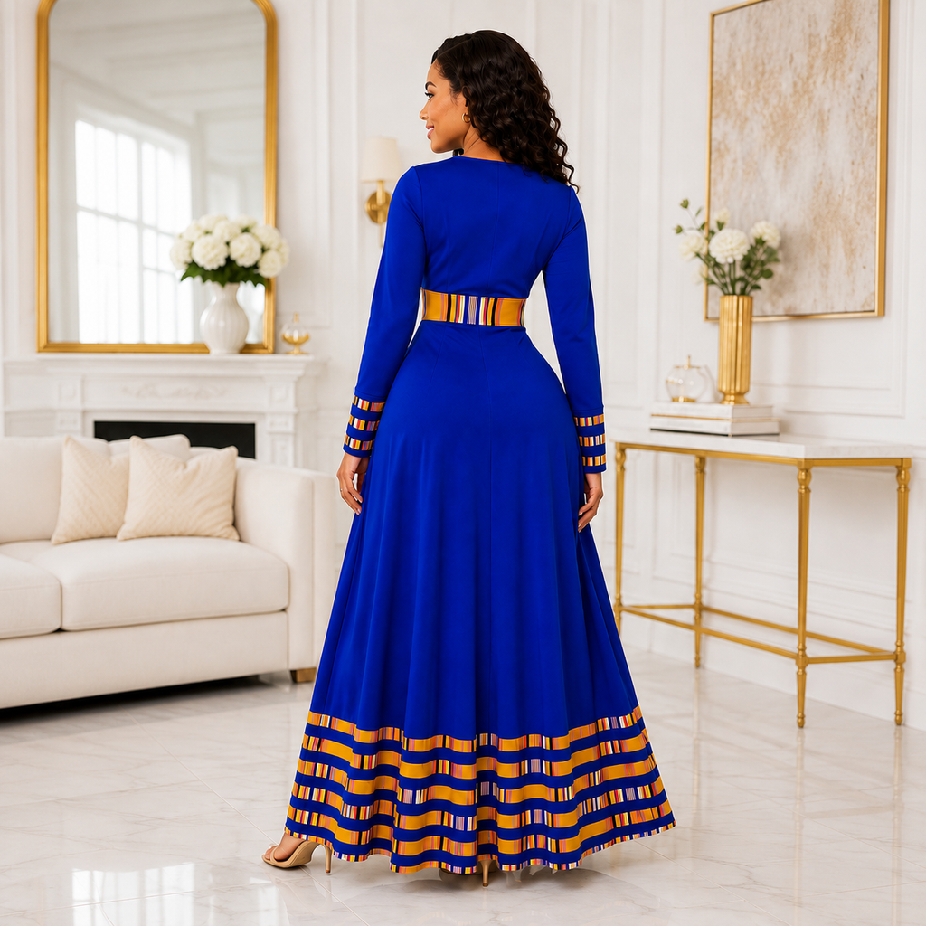 Duma Mbili Royal Blue Dashiki-Trim Maxi Dress