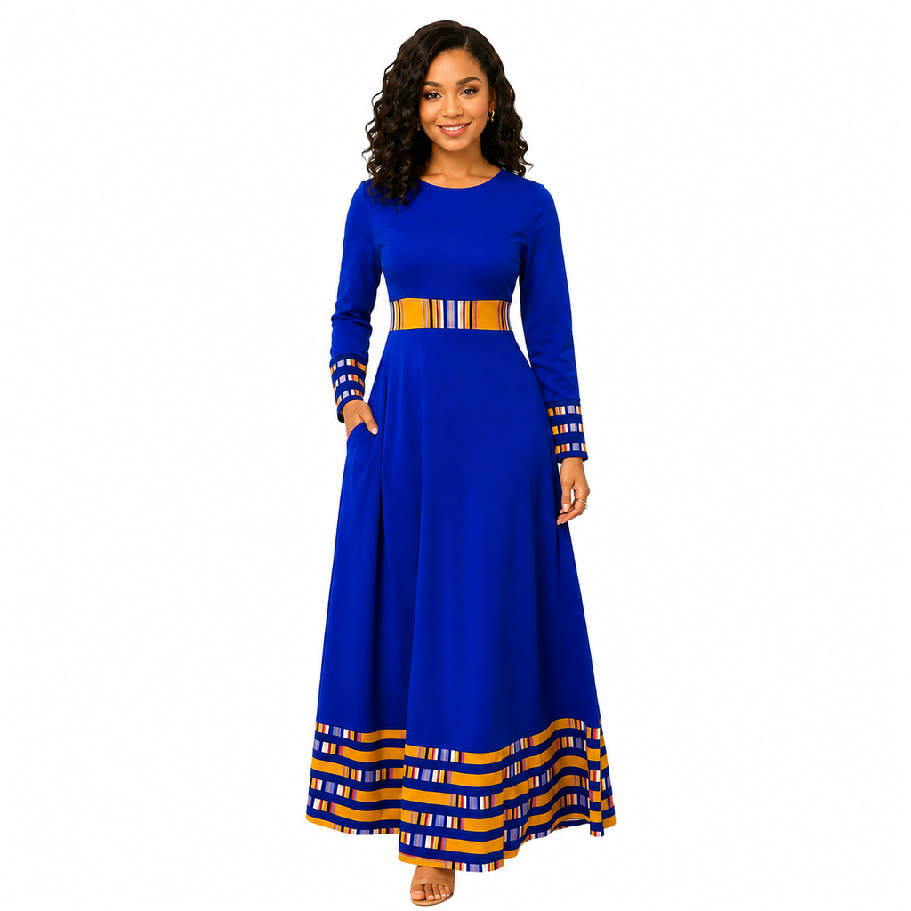 Duma Mbili Royal Blue Dashiki-Trim Maxi Dress