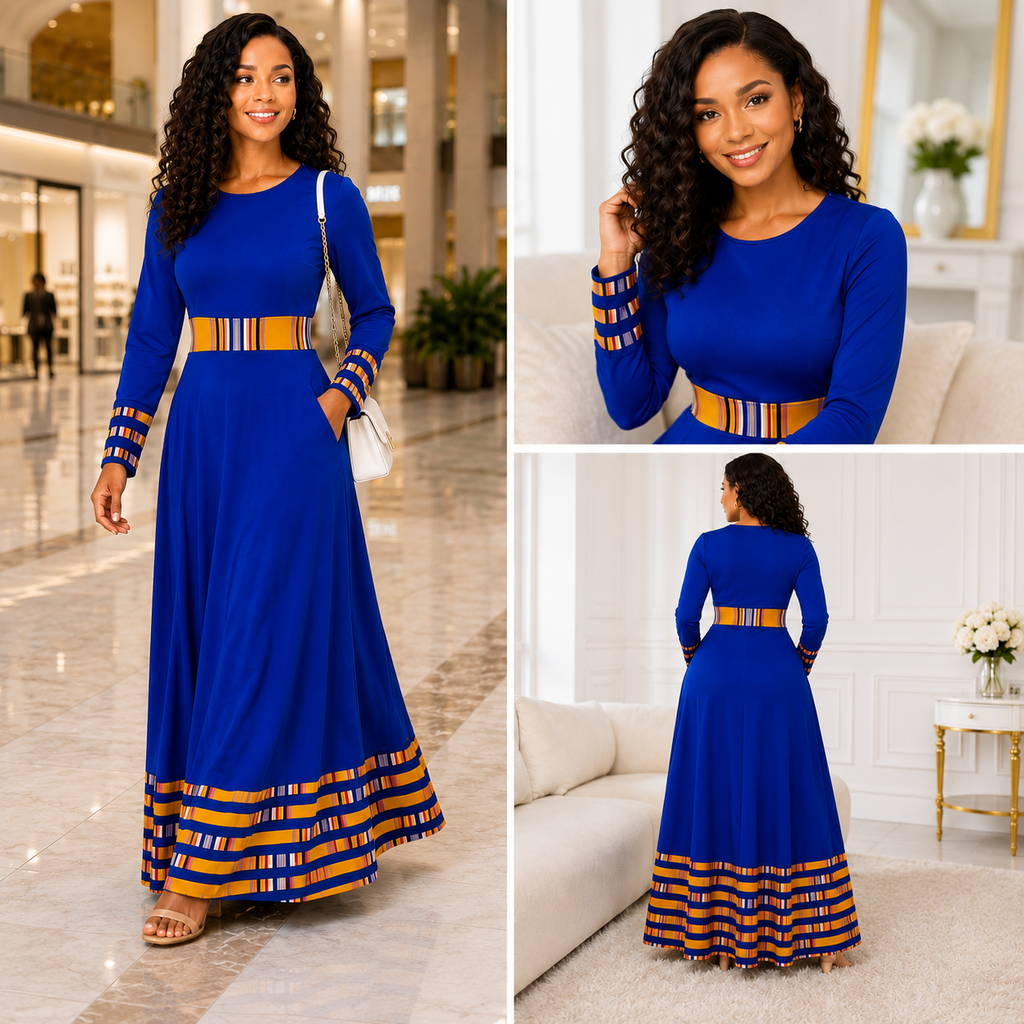 Duma Mbili Royal Blue Dashiki-Trim Maxi Dress